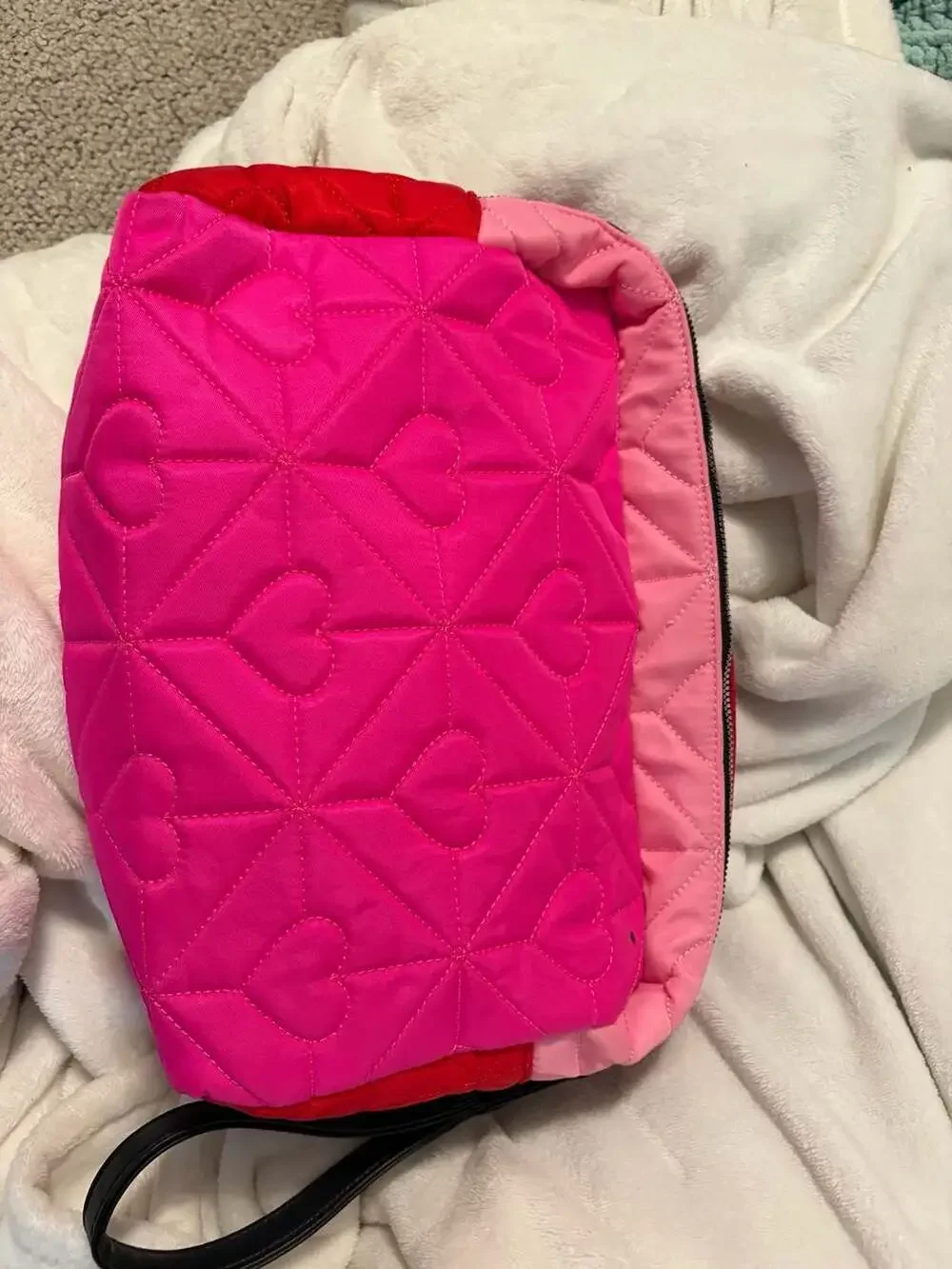 Betsey Johnson Pink Quilted Hearts Double Zipper Cosmetic Bag